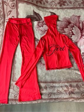 SHEIN Red Two-Piece Hoodie Top and Flared Pants Set